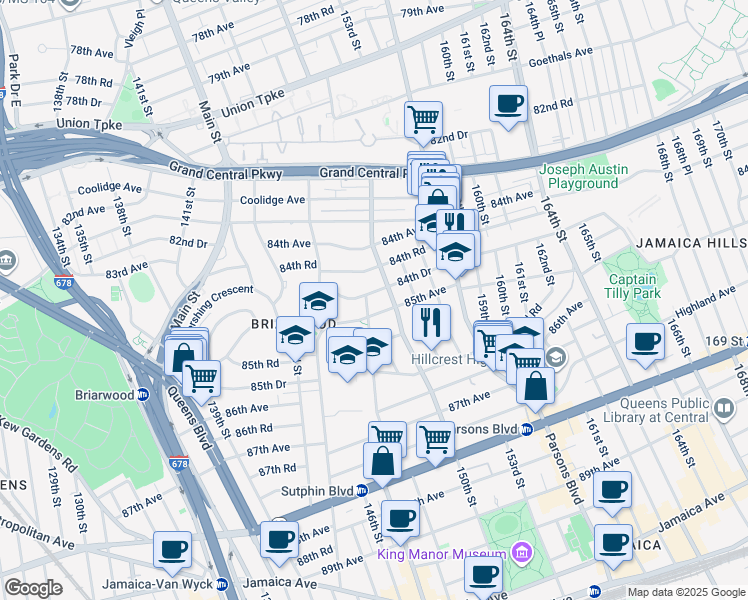 map of restaurants, bars, coffee shops, grocery stores, and more near 147-50 84th Drive in Queens