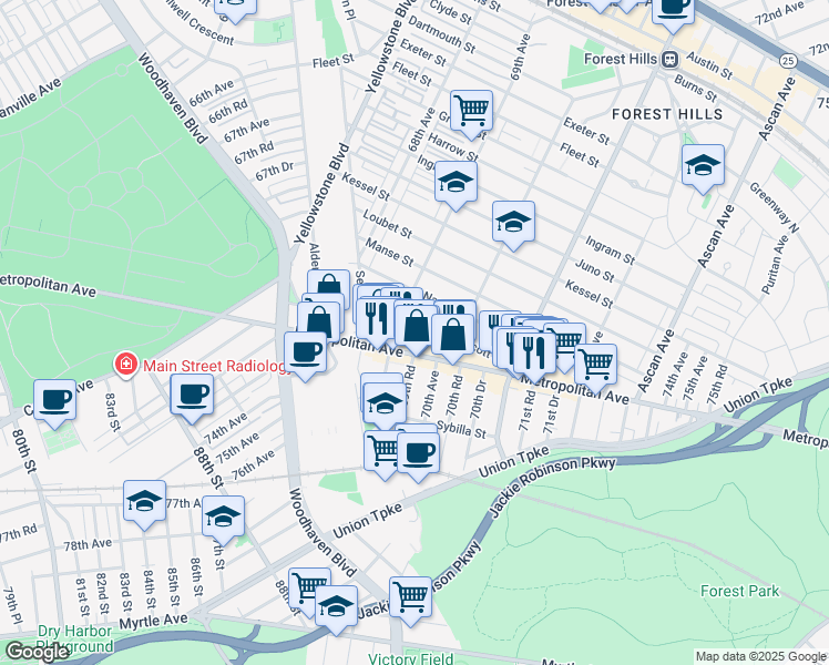 map of restaurants, bars, coffee shops, grocery stores, and more near in Queens