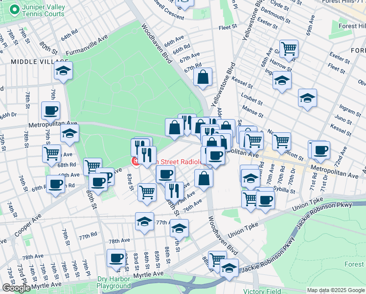 map of restaurants, bars, coffee shops, grocery stores, and more near 89-34 Aubrey Avenue in Queens