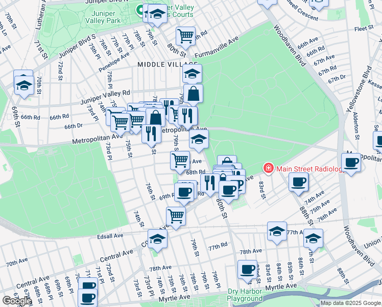 map of restaurants, bars, coffee shops, grocery stores, and more near 79-35 68th Avenue in Queens