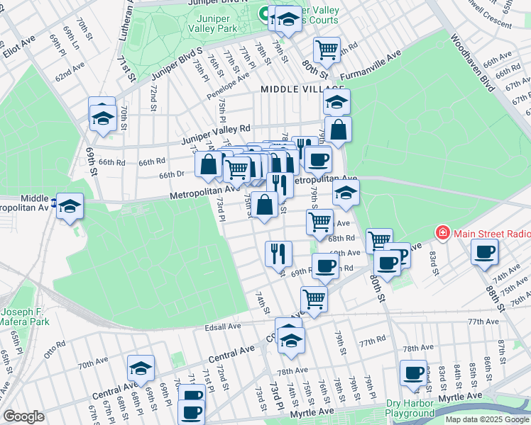map of restaurants, bars, coffee shops, grocery stores, and more near 75-22 67th Drive in Queens