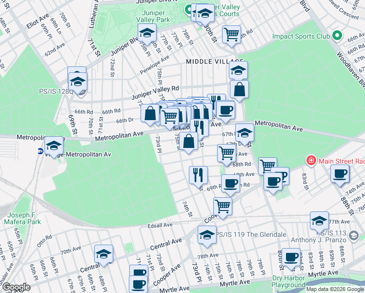 map of restaurants, bars, coffee shops, grocery stores, and more near 75-22 67th Drive in Queens