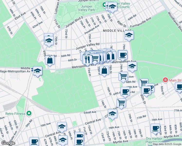 map of restaurants, bars, coffee shops, grocery stores, and more near 67-42 73rd Place in Queens
