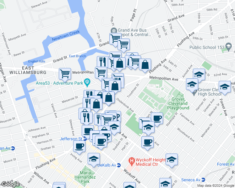 map of restaurants, bars, coffee shops, grocery stores, and more near 1827 Flushing Avenue in Queens