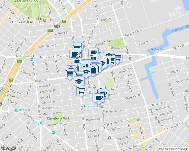 map of restaurants, bars, coffee shops, grocery stores, and more near 800 Grand Street in Brooklyn