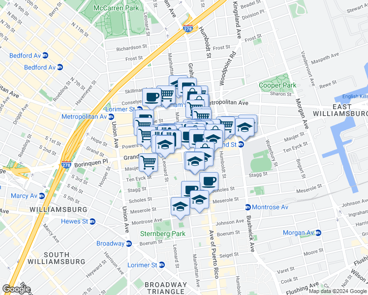 map of restaurants, bars, coffee shops, grocery stores, and more near 672 Grand Street in Brooklyn