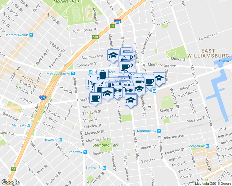 map of restaurants, bars, coffee shops, grocery stores, and more near 672 Grand Street in Brooklyn