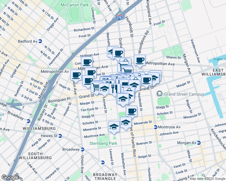map of restaurants, bars, coffee shops, grocery stores, and more near 672 Grand Street in Brooklyn