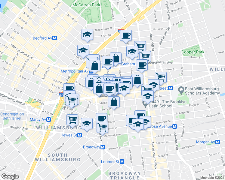 map of restaurants, bars, coffee shops, grocery stores, and more near in Brooklyn