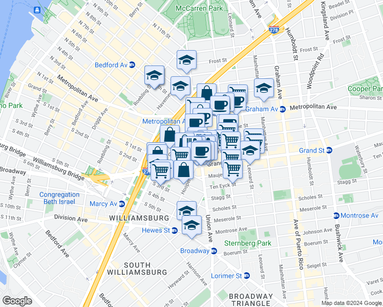 map of restaurants, bars, coffee shops, grocery stores, and more near in Brooklyn