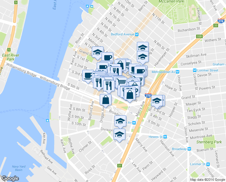 map of restaurants, bars, coffee shops, grocery stores, and more near 186 South 3rd Street in Brooklyn