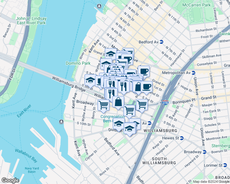map of restaurants, bars, coffee shops, grocery stores, and more near 152 South 4th Street in Brooklyn