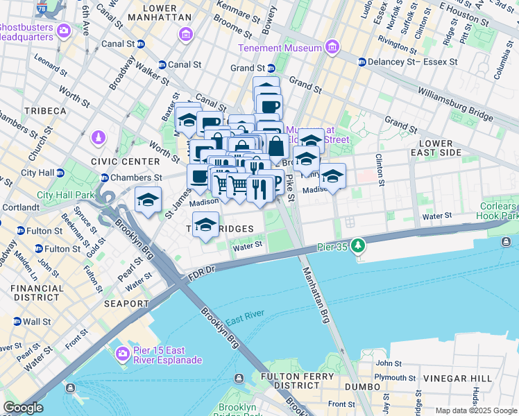 map of restaurants, bars, coffee shops, grocery stores, and more near 34 Monroe Street in New York