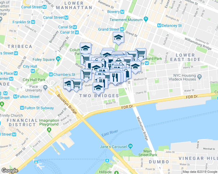 map of restaurants, bars, coffee shops, grocery stores, and more near 34 Monroe Street in New York