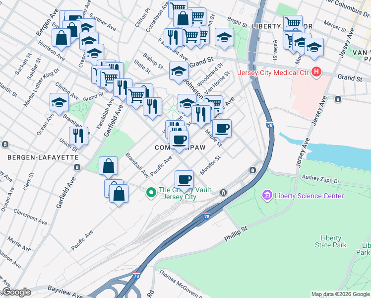 map of restaurants, bars, coffee shops, grocery stores, and more near 304 Whiton Street in Jersey City