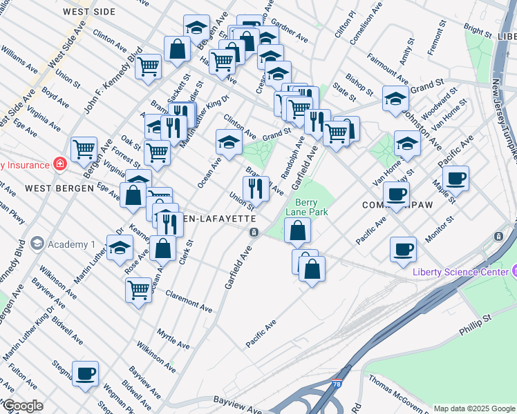 map of restaurants, bars, coffee shops, grocery stores, and more near 23 Union Street in Jersey City