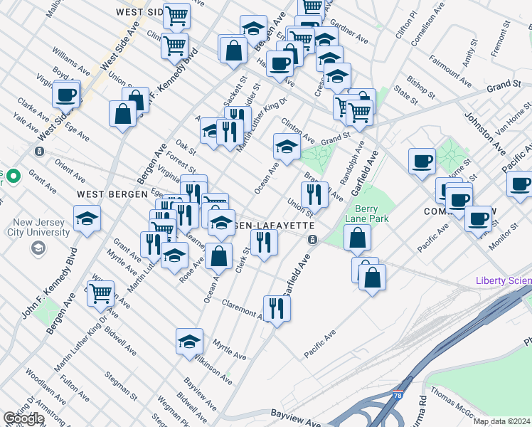 map of restaurants, bars, coffee shops, grocery stores, and more near in Jersey City