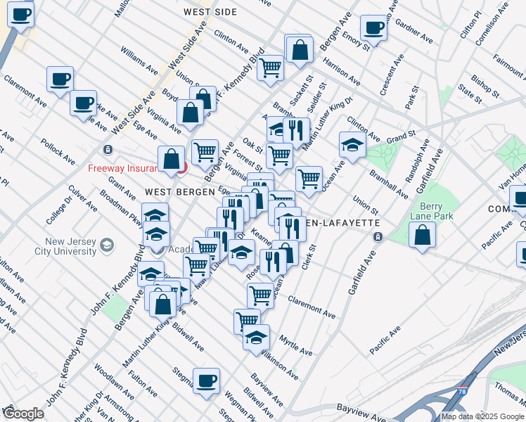 map of restaurants, bars, coffee shops, grocery stores, and more near 360 Martin Luther King Drive in Jersey City