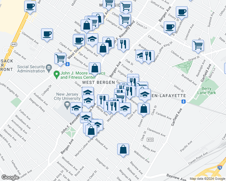 map of restaurants, bars, coffee shops, grocery stores, and more near 104 Orient Avenue in Jersey City
