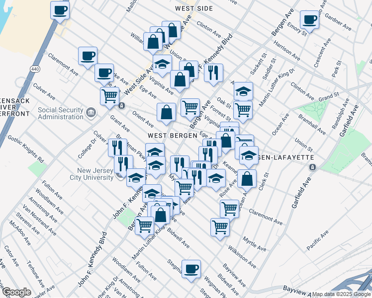 map of restaurants, bars, coffee shops, grocery stores, and more near 125 Orient Avenue in Jersey City