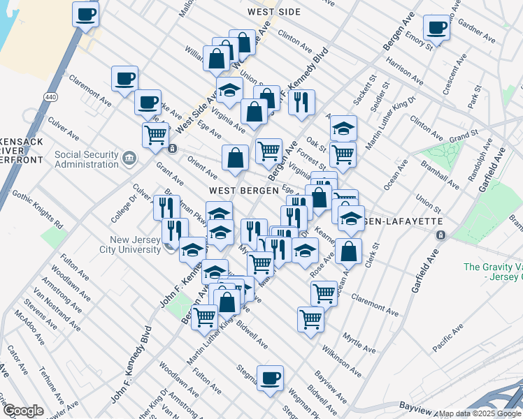 map of restaurants, bars, coffee shops, grocery stores, and more near 125 Orient Avenue in Jersey City