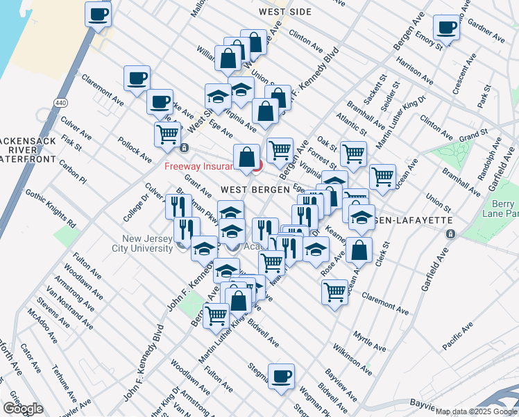 map of restaurants, bars, coffee shops, grocery stores, and more near 239 Claremont Avenue in Jersey City