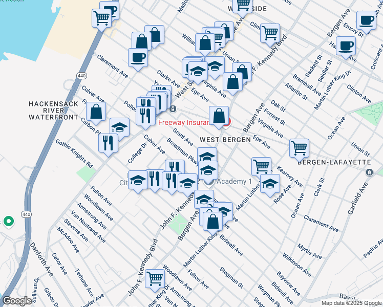 map of restaurants, bars, coffee shops, grocery stores, and more near 25 Broadman Parkway in Jersey City