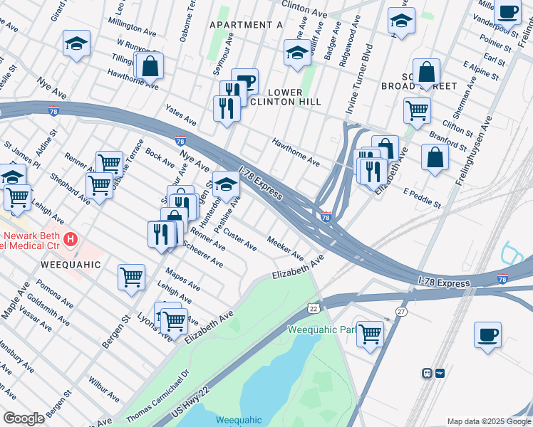map of restaurants, bars, coffee shops, grocery stores, and more near 349 Ridgewood Avenue in Newark