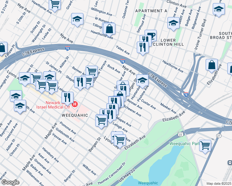 map of restaurants, bars, coffee shops, grocery stores, and more near 166 Renner Avenue in Newark