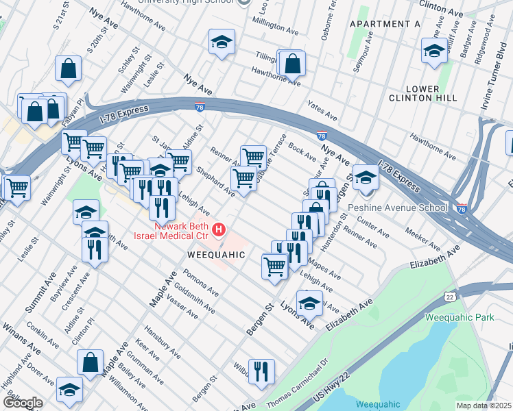 map of restaurants, bars, coffee shops, grocery stores, and more near 181 Shephard Avenue in Newark