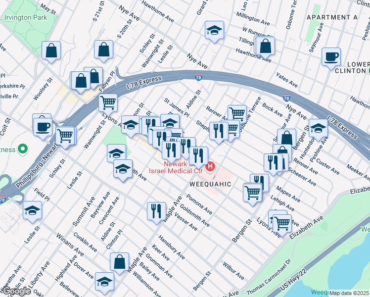 map of restaurants, bars, coffee shops, grocery stores, and more near 203 Schuyler Avenue in Newark