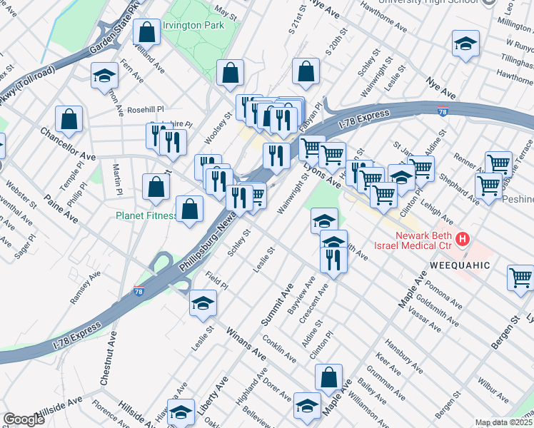 map of restaurants, bars, coffee shops, grocery stores, and more near 294 Schley Street in Newark