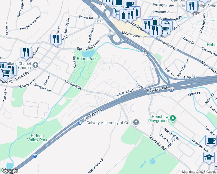 map of restaurants, bars, coffee shops, grocery stores, and more near 100 Stone Hill Road in Springfield