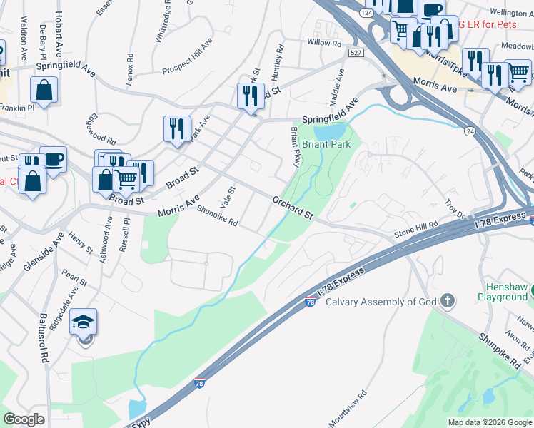 map of restaurants, bars, coffee shops, grocery stores, and more near 15 Harvard Street in Summit