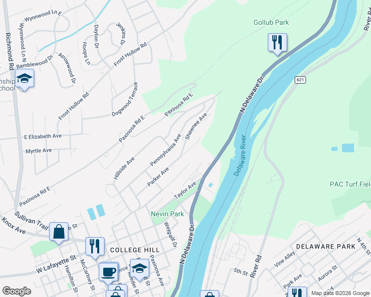 map of restaurants, bars, coffee shops, grocery stores, and more near 157 Parker Avenue in Easton