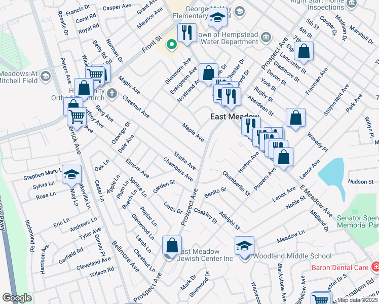 map of restaurants, bars, coffee shops, grocery stores, and more near 382 Chestnut Avenue in East Meadow