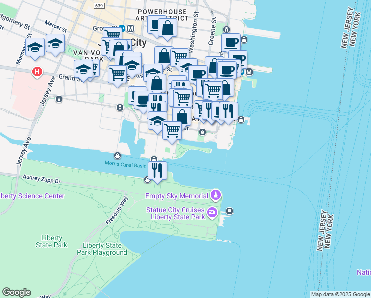 map of restaurants, bars, coffee shops, grocery stores, and more near 158 Washington Street in Jersey City
