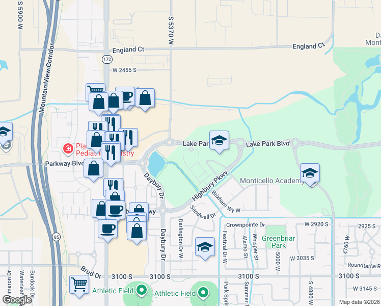 map of restaurants, bars, coffee shops, grocery stores, and more near 2704 South High Park Way in West Valley City