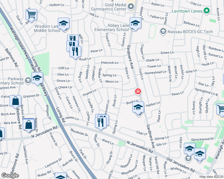 map of restaurants, bars, coffee shops, grocery stores, and more near 7 Crescent Lane in Levittown