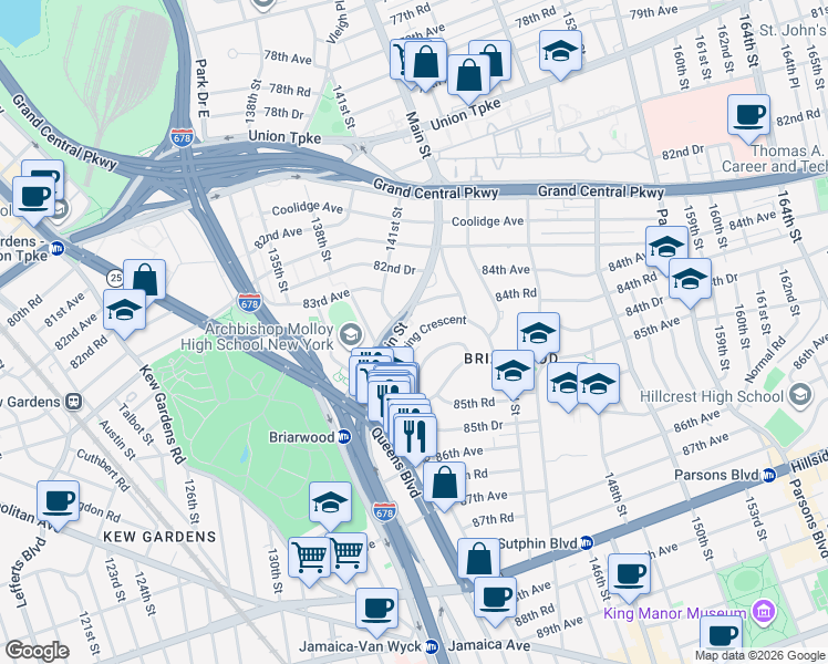 map of restaurants, bars, coffee shops, grocery stores, and more near 139-59 Pershing Crescent in Queens