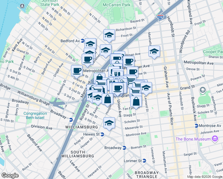 map of restaurants, bars, coffee shops, grocery stores, and more near in Brooklyn