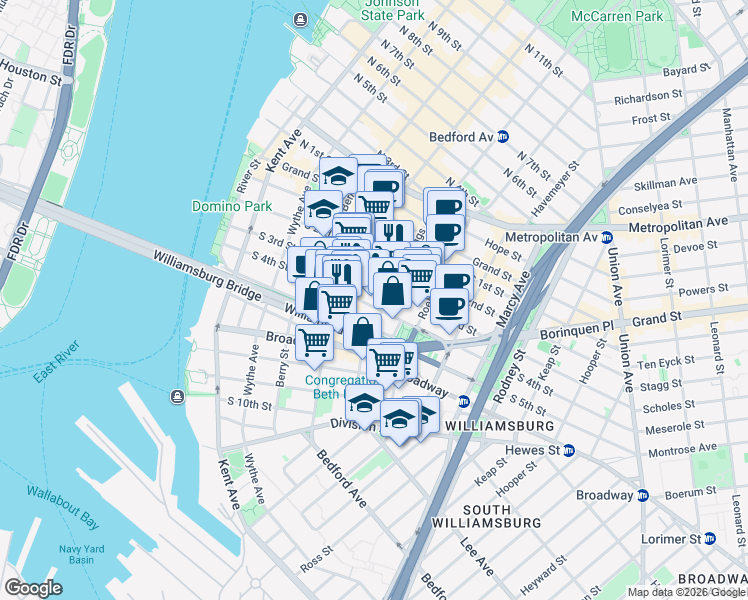 map of restaurants, bars, coffee shops, grocery stores, and more near 152 South 4th Street in Brooklyn