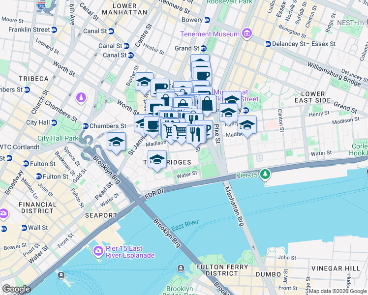 map of restaurants, bars, coffee shops, grocery stores, and more near 34 Monroe Street in New York