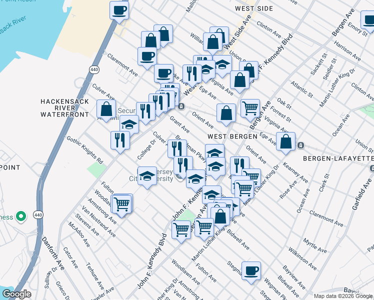map of restaurants, bars, coffee shops, grocery stores, and more near 25 Broadman Parkway in Jersey City
