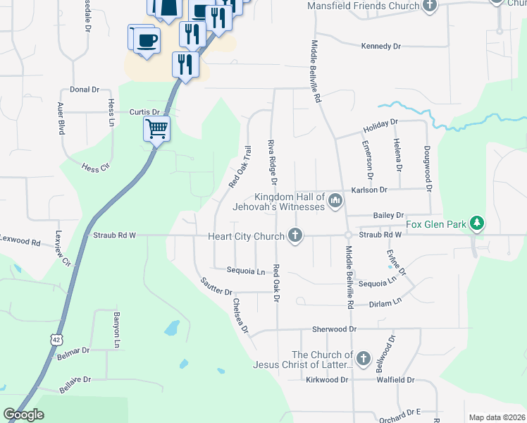 map of restaurants, bars, coffee shops, grocery stores, and more near 767 Whitehall Court in Mansfield