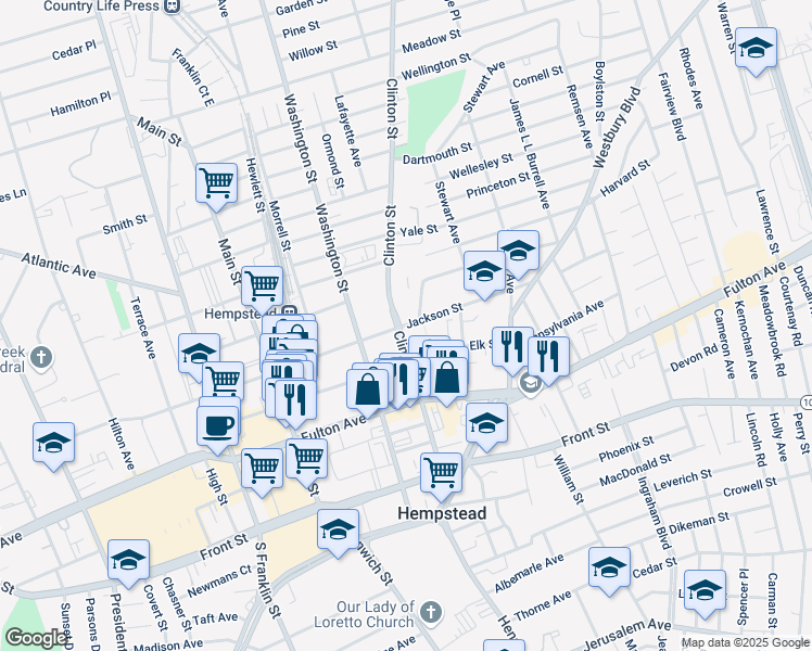 map of restaurants, bars, coffee shops, grocery stores, and more near 310 Jackson Street in Hempstead