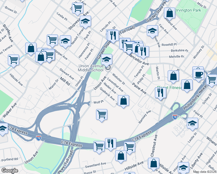 map of restaurants, bars, coffee shops, grocery stores, and more near 74 Quabeck Avenue in Irvington