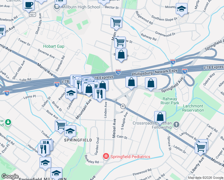 map of restaurants, bars, coffee shops, grocery stores, and more near 20 Black's Lane in Springfield