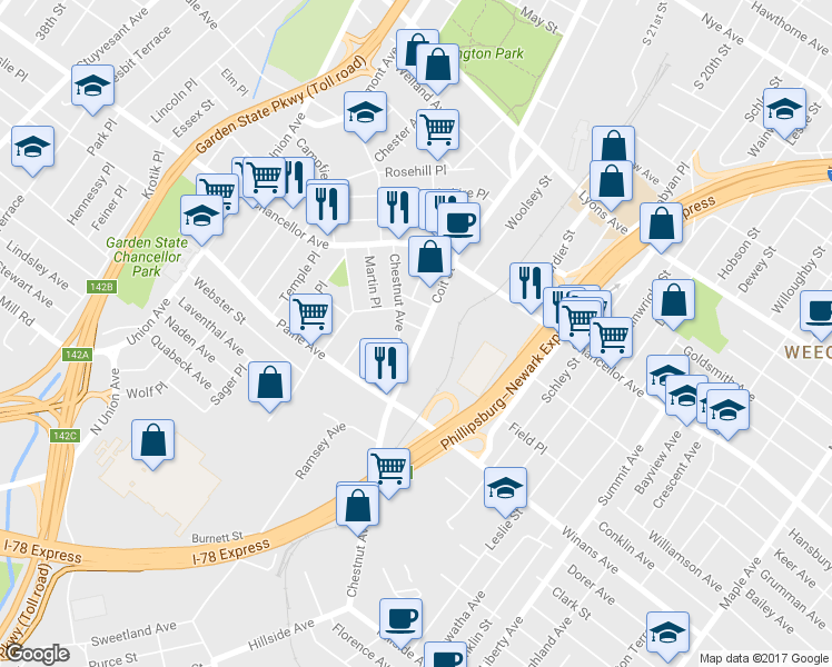 map of restaurants, bars, coffee shops, grocery stores, and more near 78 Chestnut Avenue in Irvington