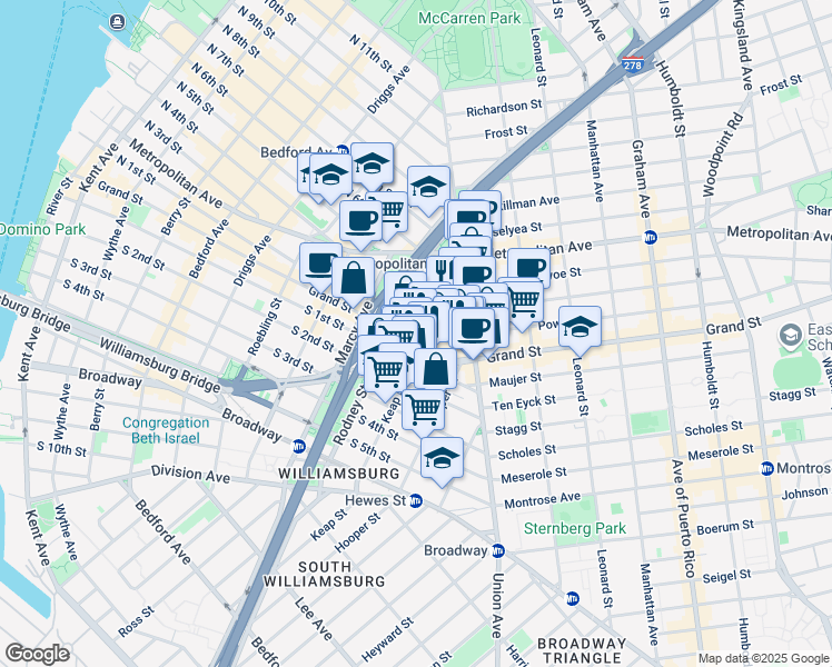 map of restaurants, bars, coffee shops, grocery stores, and more near 431 Grand Street in Brooklyn